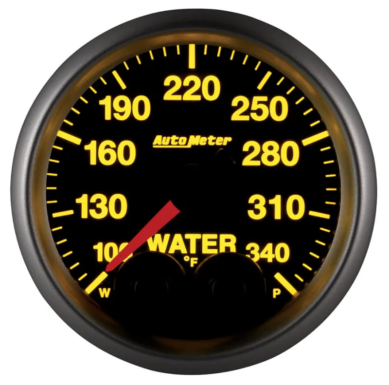 Auto Meter Elite Series 100-340 Degree F Water Temperature Gauge - Electric - Analog - Full Sweep - 2-1/16 in Diameter - Peak and Warn - Black Face