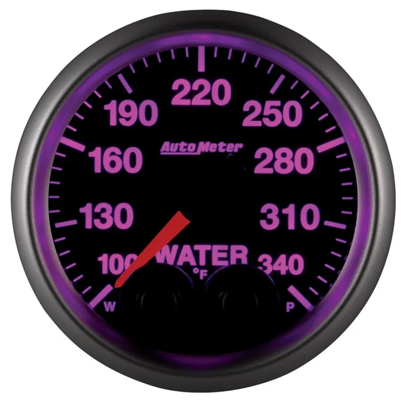 Auto Meter Elite Series 100-340 Degree F Water Temperature Gauge - Electric - Analog - Full Sweep - 2-1/16 in Diameter - Peak and Warn - Black Face