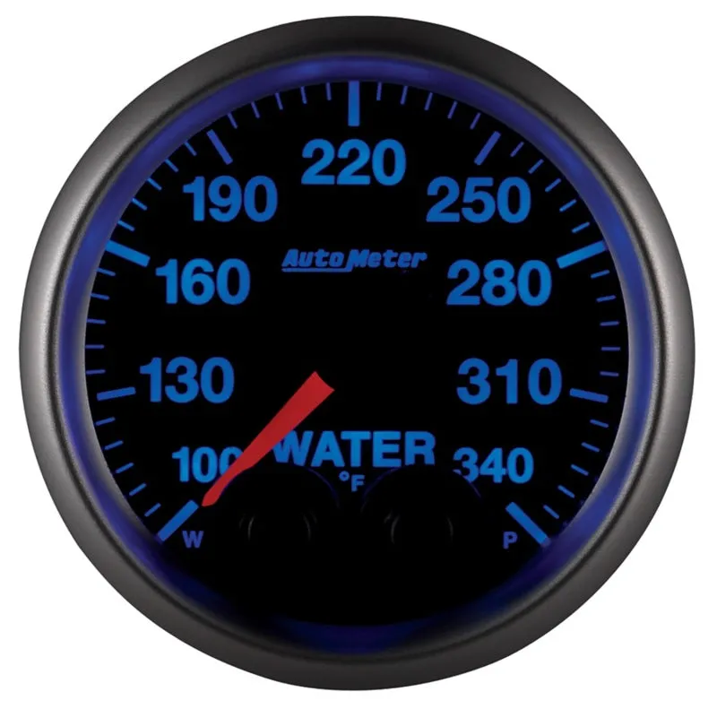 Auto Meter Elite Series 100-340 Degree F Water Temperature Gauge - Electric - Analog - Full Sweep - 2-1/16 in Diameter - Peak and Warn - Black Face