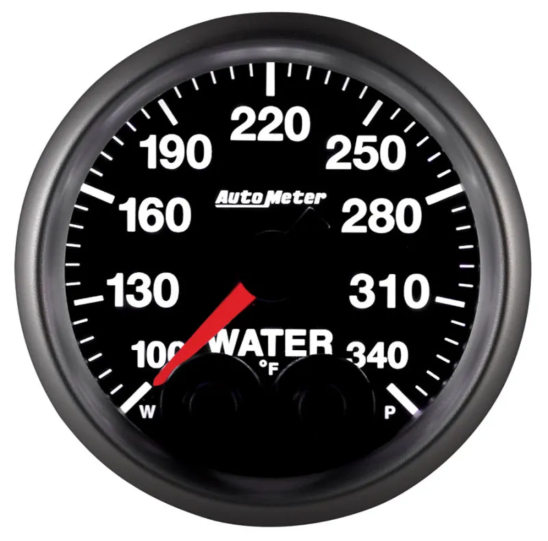 Auto Meter Elite Series 100-340 Degree F Water Temperature Gauge - Electric - Analog - Full Sweep - 2-1/16 in Diameter - Peak and Warn - Black Face