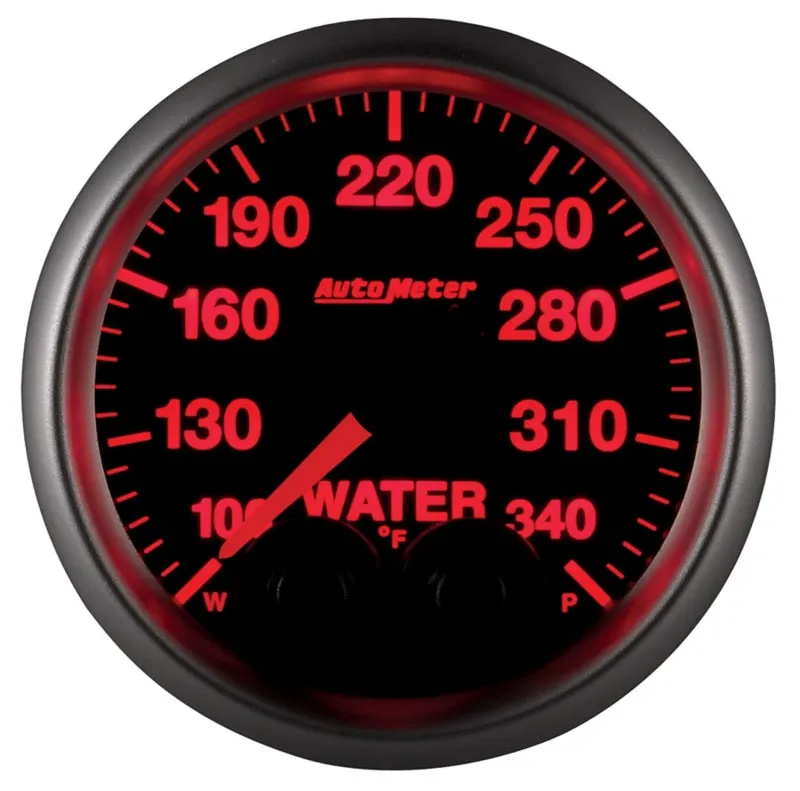 Auto Meter Elite Series 100-340 Degree F Water Temperature Gauge - Electric - Analog - Full Sweep - 2-1/16 in Diameter - Peak and Warn - Black Face