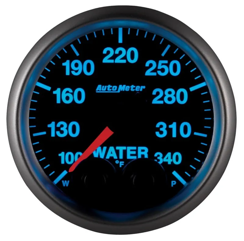 Auto Meter Elite Series 100-340 Degree F Water Temperature Gauge - Electric - Analog - Full Sweep - 2-1/16 in Diameter - Peak and Warn - Black Face