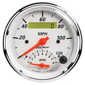 AutoMeter 1381 GAUGE; TACH/SPEEDO; 3 3/8in.; 120MPH/8K RPM; ELEC. PROGRAM.; ARCTIC WHITE