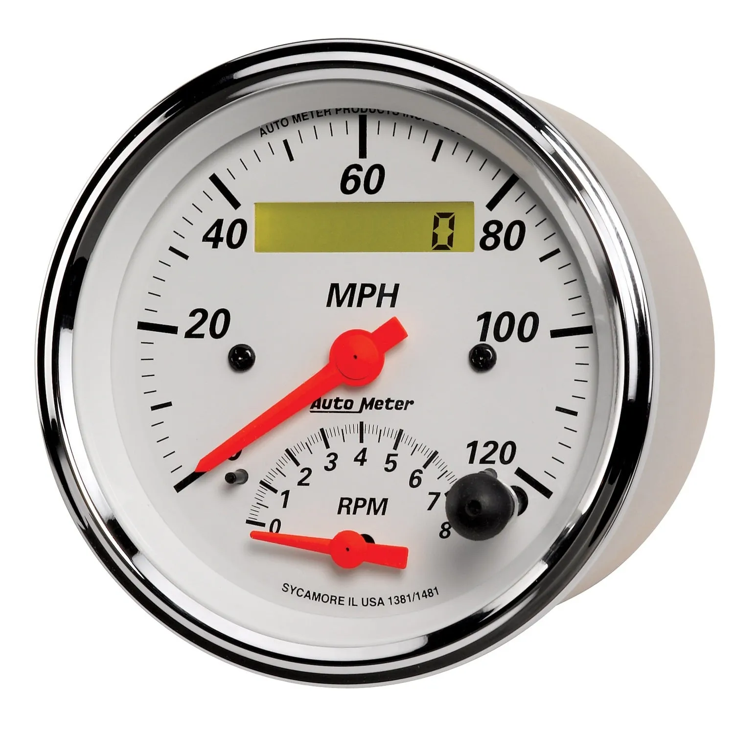 AutoMeter 1381 GAUGE; TACH/SPEEDO; 3 3/8in.; 120MPH/8K RPM; ELEC. PROGRAM.; ARCTIC WHITE