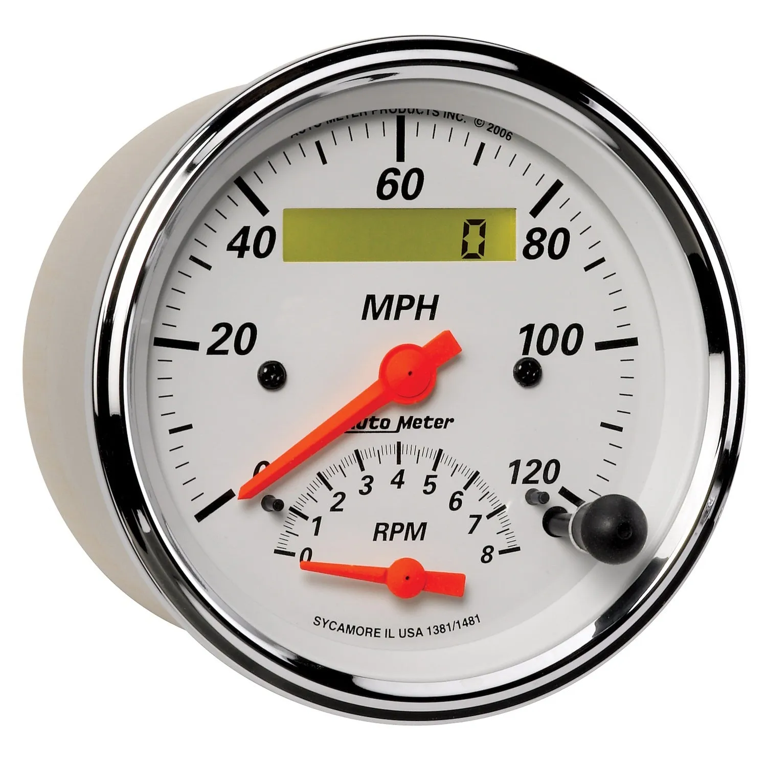 AutoMeter 1381 GAUGE; TACH/SPEEDO; 3 3/8in.; 120MPH/8K RPM; ELEC. PROGRAM.; ARCTIC WHITE