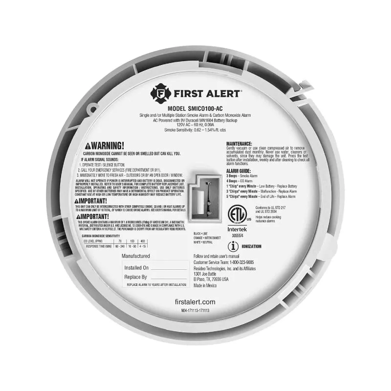 BRK SMICO100-AC Interconnect Hardwire Combination Smoke & CO Alarm with Battery Backup