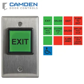 Camden CM-30U - Push/Exit Square Switch - LED Illuminated - w/ English & Spanish Insert Labels -12V-28V