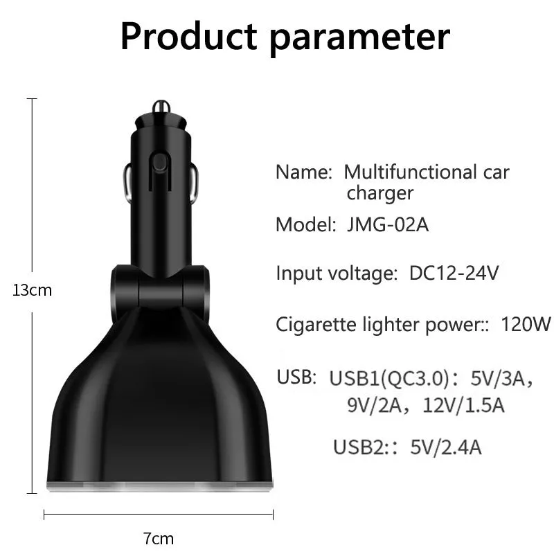Car Cigarette Lighter Socket Qc3.0 Digital Display Usb Dual Port