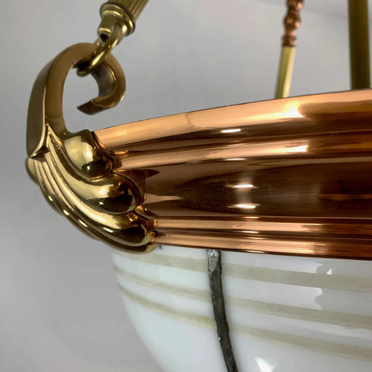 Chandelier, Leaded Milk Glass, Brass, Copper