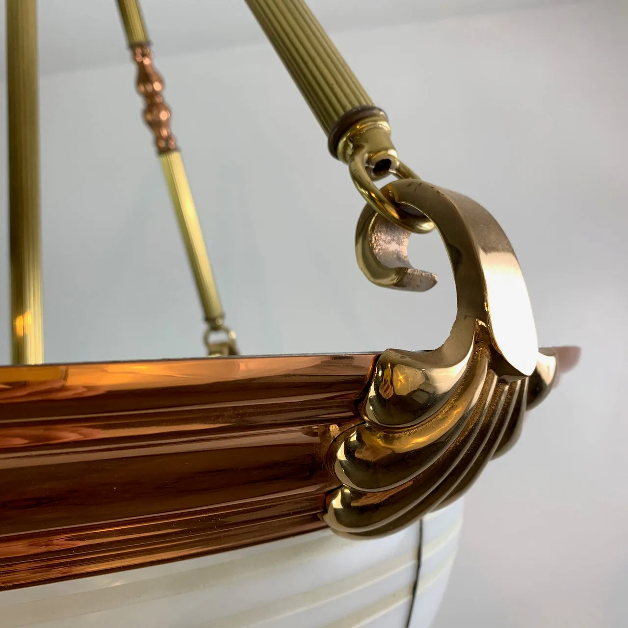 Chandelier, Leaded Milk Glass, Brass, Copper