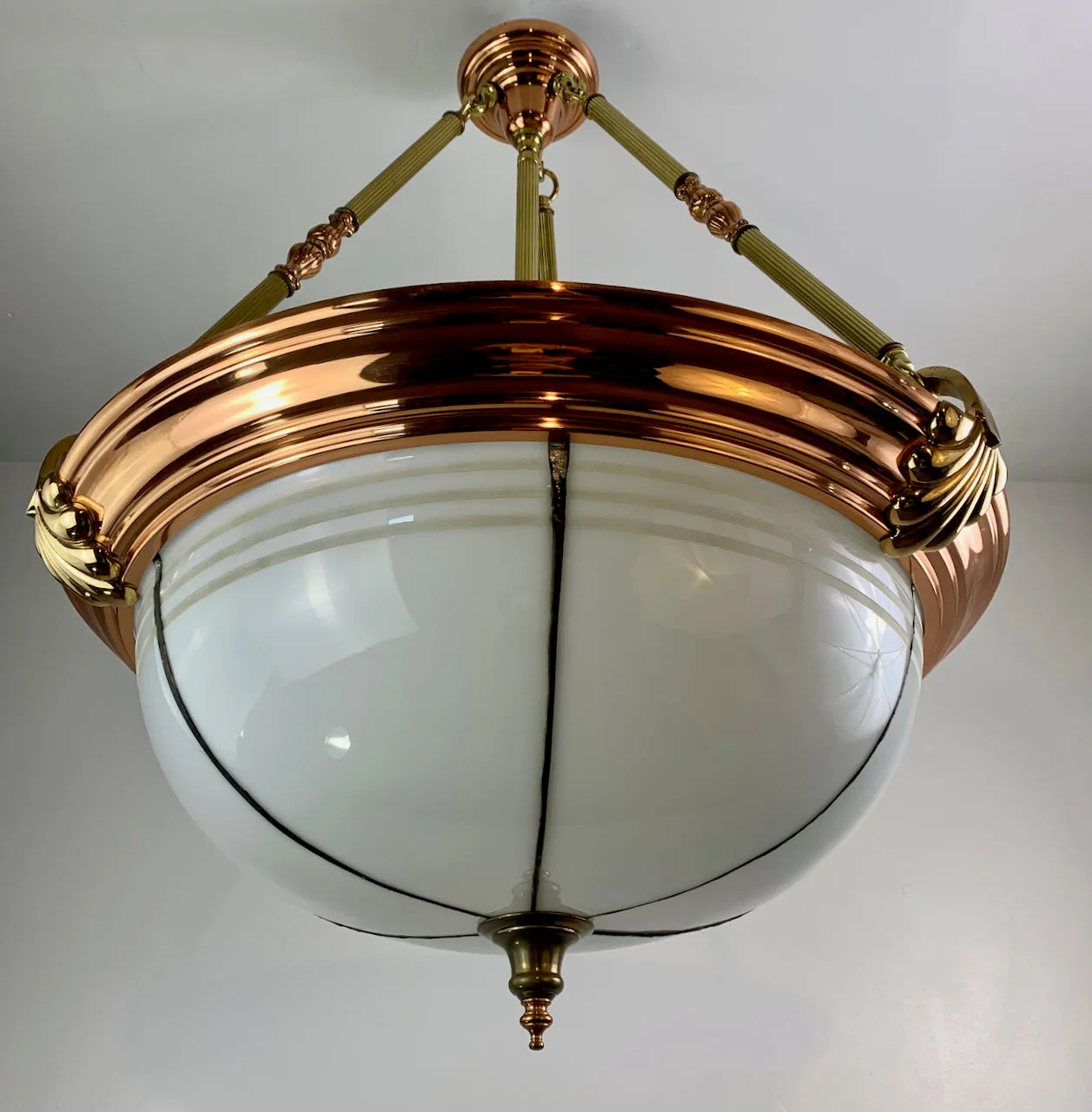 Chandelier, Leaded Milk Glass, Brass, Copper