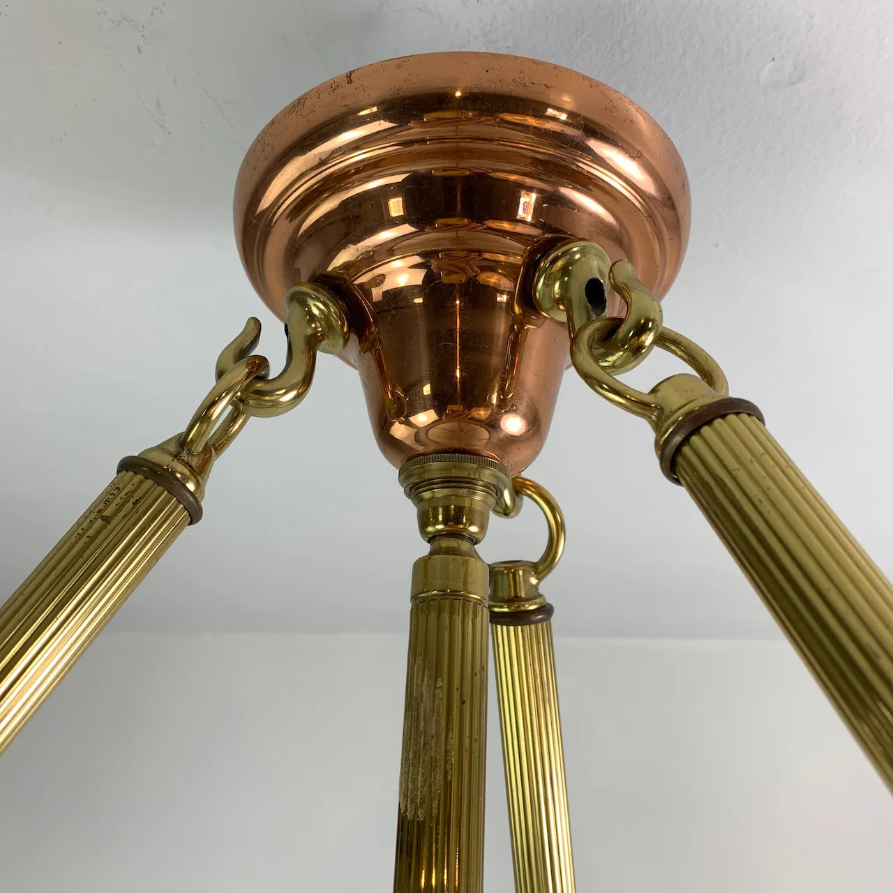 Chandelier, Leaded Milk Glass, Brass, Copper