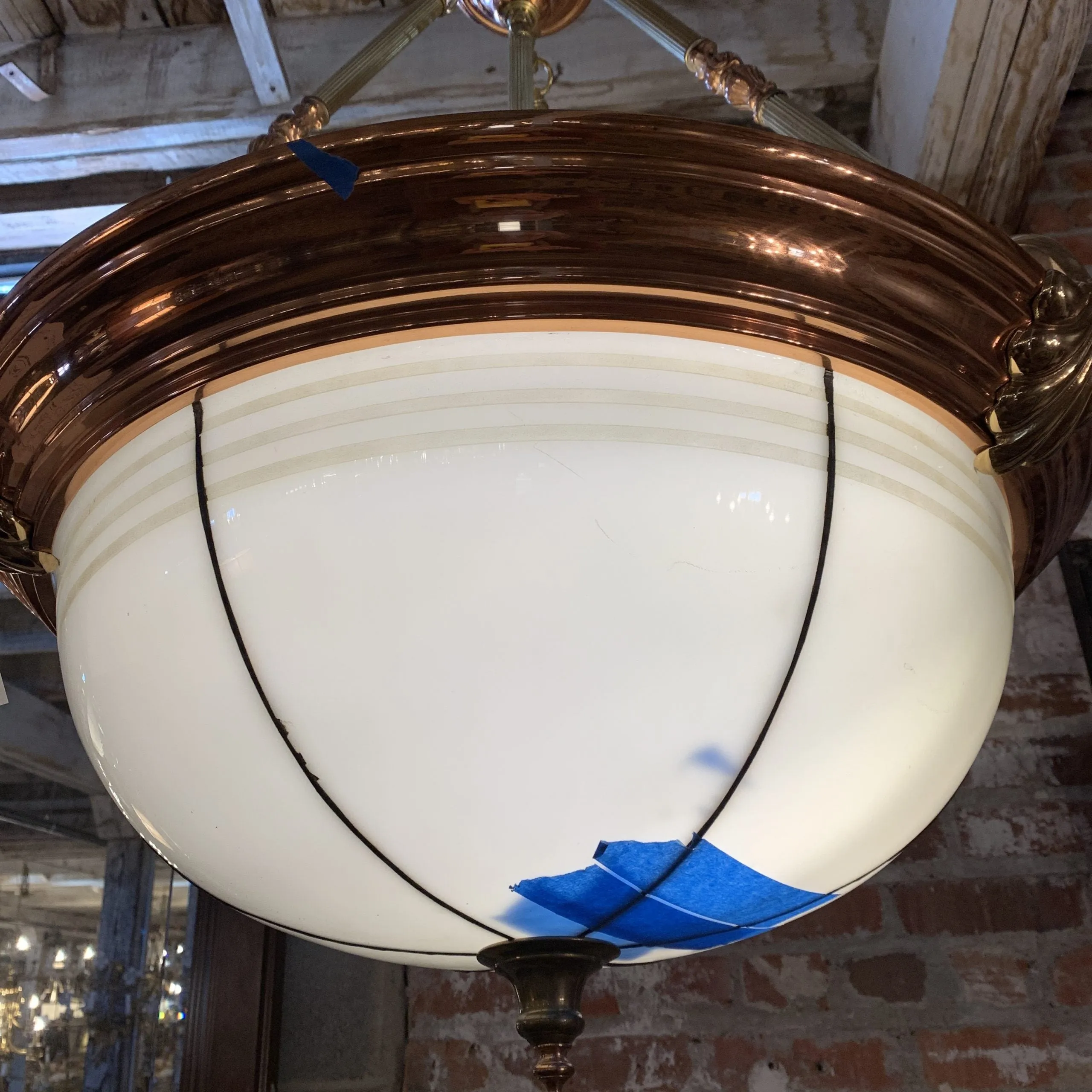 Chandelier, Leaded Milk Glass, Brass, Copper