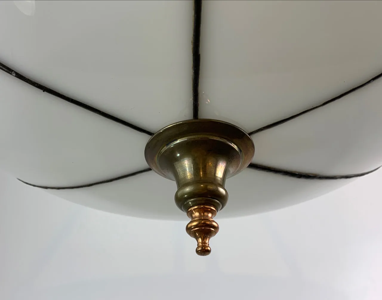 Chandelier, Leaded Milk Glass, Brass, Copper