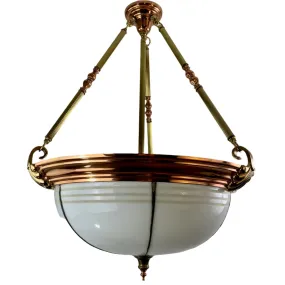 Chandelier, Leaded Milk Glass, Brass, Copper