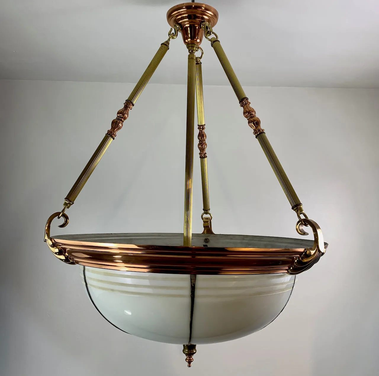 Chandelier, Leaded Milk Glass, Brass, Copper