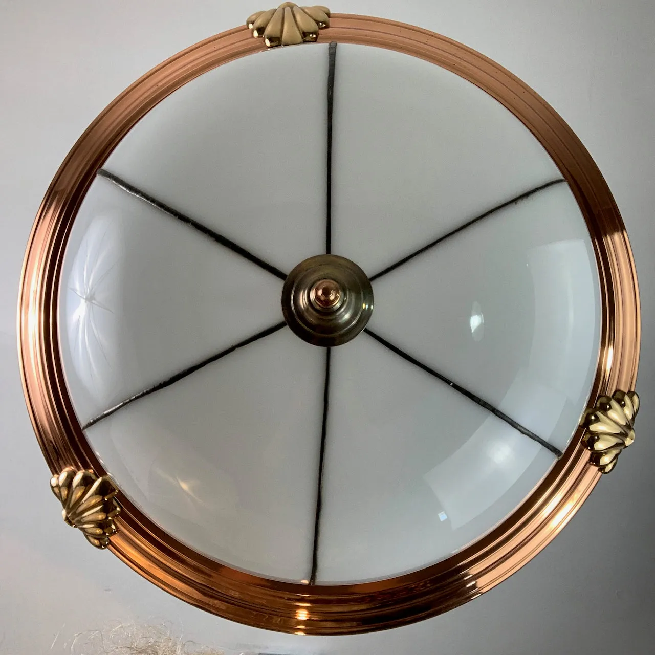 Chandelier, Leaded Milk Glass, Brass, Copper