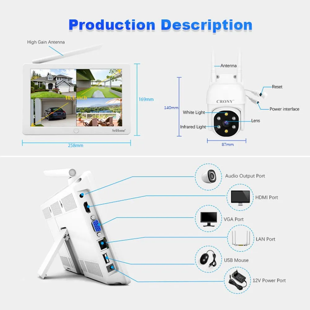 CRONY NVS009 4CH LCD IP WIFI KIT 1080P CCTV Camera System Home Security Camera System Wireless NVR Kit