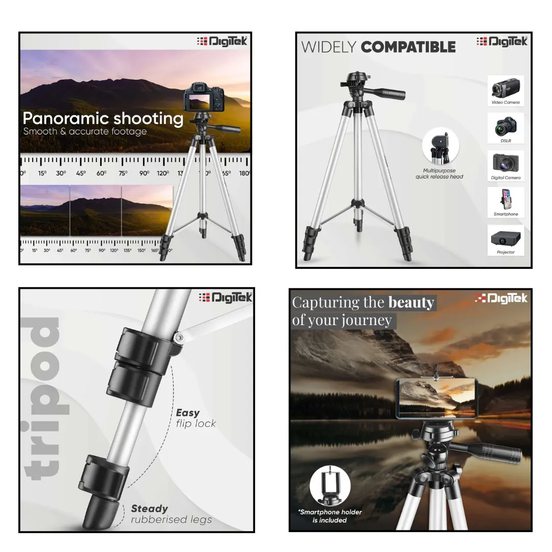 Digitek: DTR Tripod with Mobile Holder and Carry Bag For DV Cameras and Smartphone