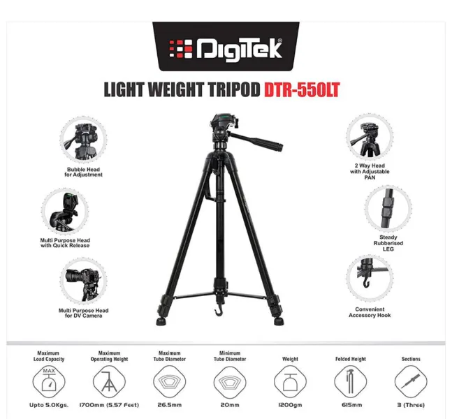 Digitek: DTR Tripod with Mobile Holder and Carry Bag For DV Cameras and Smartphone