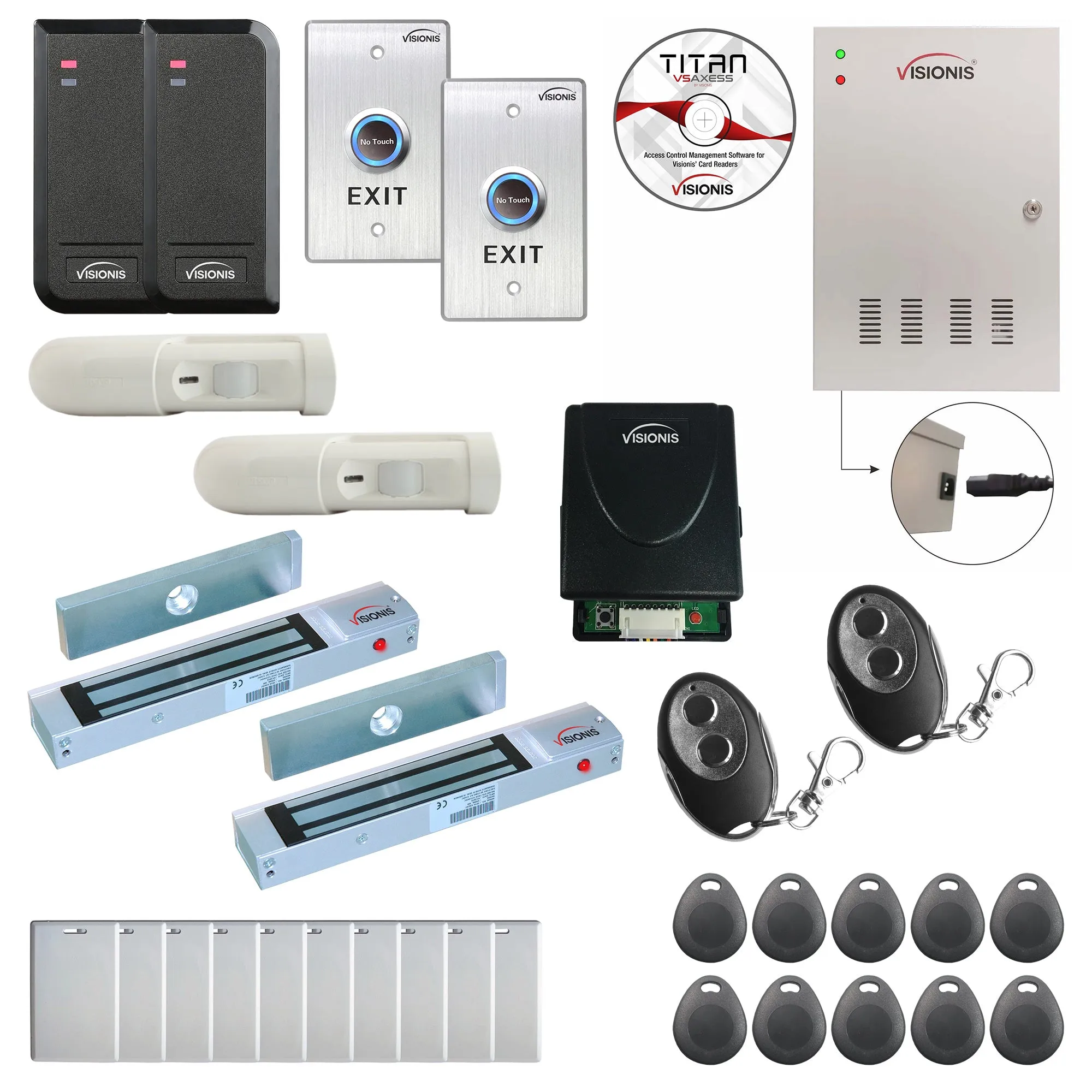 FPC-6149 Two Doors Access Control Out Swing Door 300lb MagLock Time Attendance TCP / IP Wiegand Controller Box   Black Indoor/Outdoor Card Reader   Software Included   20,000 Users, PIR Kit