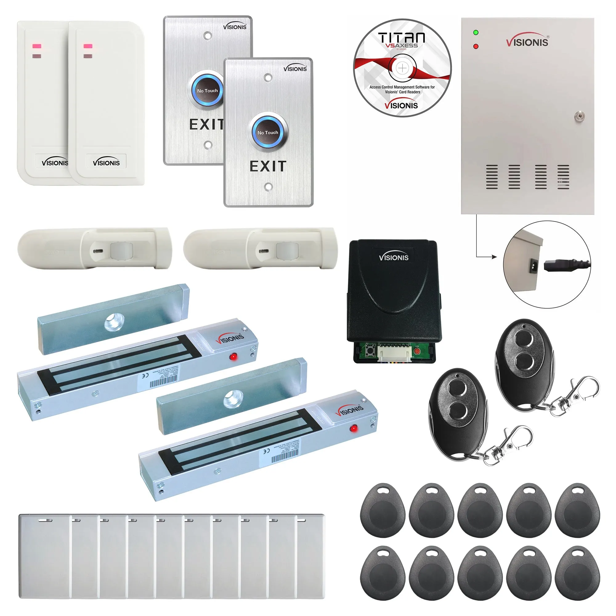 FPC-6495 Two Doors Access Control For Out Swing Door 300lb Mag Lock Time Attendance TCP/IP, White Indoor/Outdoor Card Reader, Software Included   20,000 Users Wireless Receiver, PIR Kit