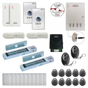 FPC-6495 Two Doors Access Control For Out Swing Door 300lb Mag Lock Time Attendance TCP/IP, White Indoor/Outdoor Card Reader, Software Included   20,000 Users Wireless Receiver, PIR Kit