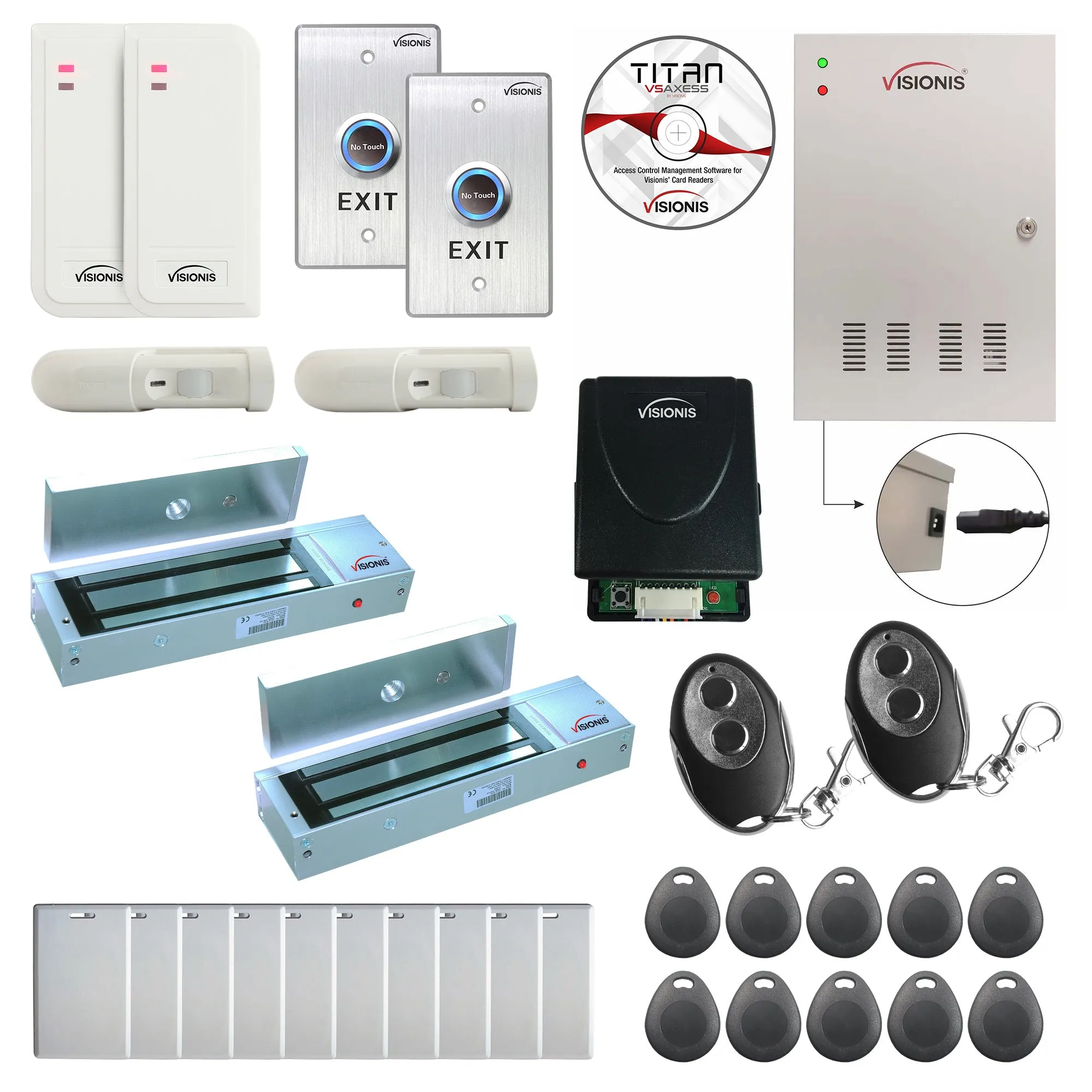 FPC-6499 Two Doors Access Control For Out Swing Door Electric 1200lbs MagLock Time Attendance TCP/IP Controller Box, Indoor/Outdoor Card Reader, Software, 20,000 Users Wireless Receiver, PIR