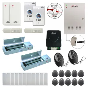 FPC-6499 Two Doors Access Control For Out Swing Door Electric 1200lbs MagLock Time Attendance TCP/IP Controller Box, Indoor/Outdoor Card Reader, Software, 20,000 Users Wireless Receiver, PIR