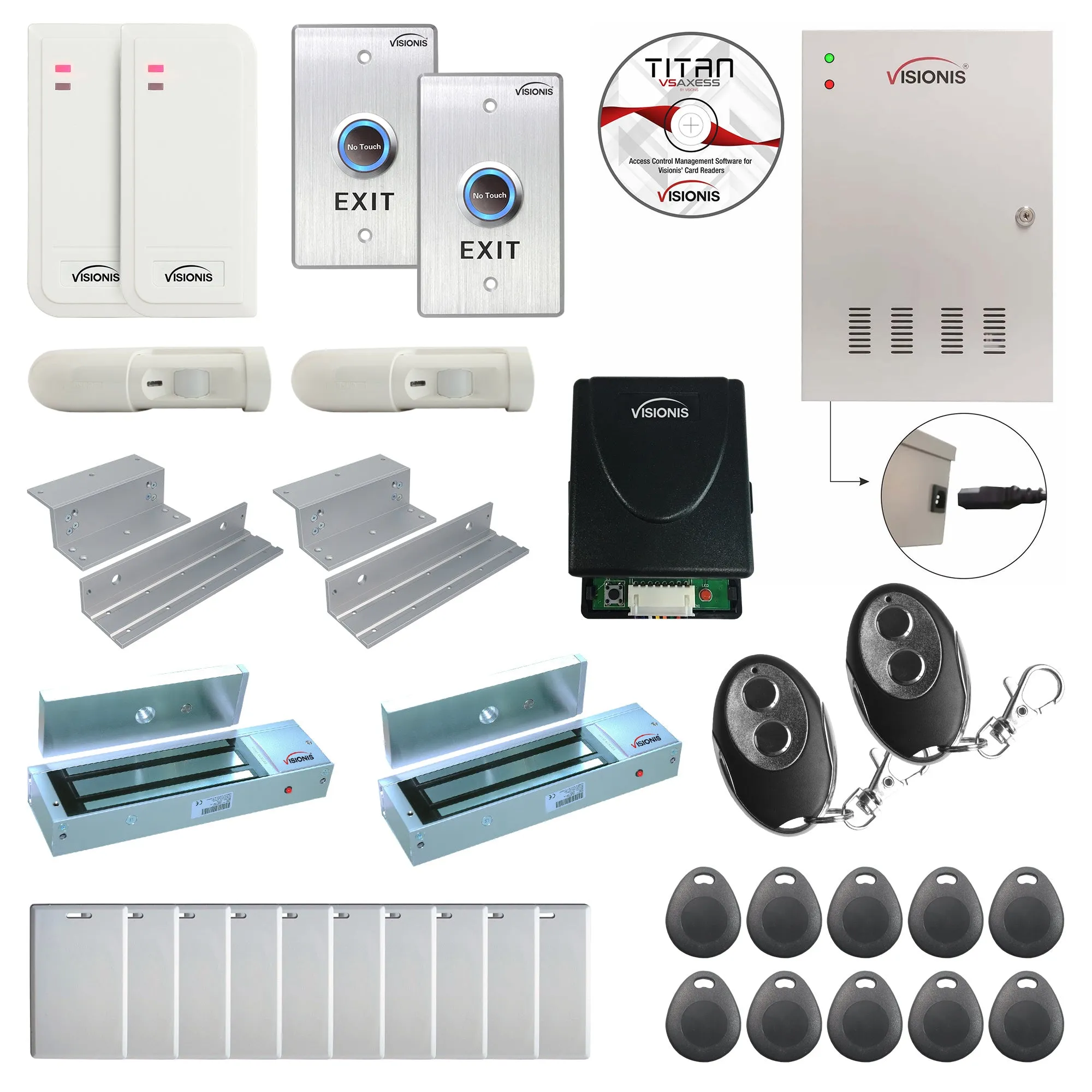 FPC-6500 Two Doors Access Control For In Swing Door Electric 1200lbs MagLock Time Attendance TCP/IP Controller Box, Indoor/Outdoor Card Reader, Software, 20,000 Users Wireless Receiver, PIR