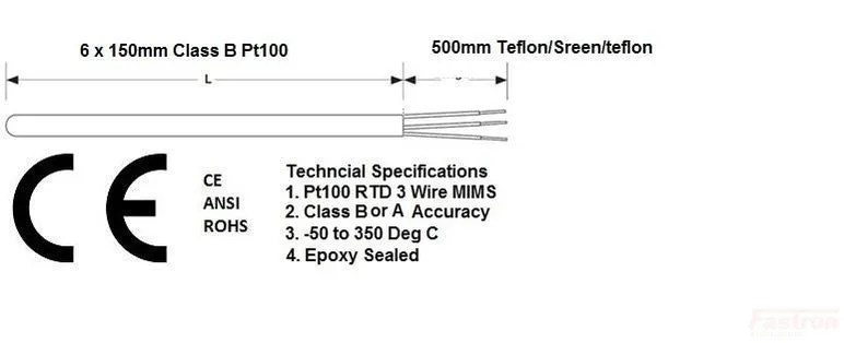 FRTD-6-250-500 (ST5898), RTD Pt100 Class B, 150mm x 6mm Probe with 500mm of 3 wire cable, -50 to 350 Deg C