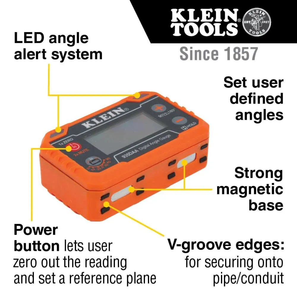 Klein Tools 935DAA Digital Electronic Level and Angle Gauge, LED Angle Alert, Measure and Set Angles, 0-90 and 0-180 Degree Ranges