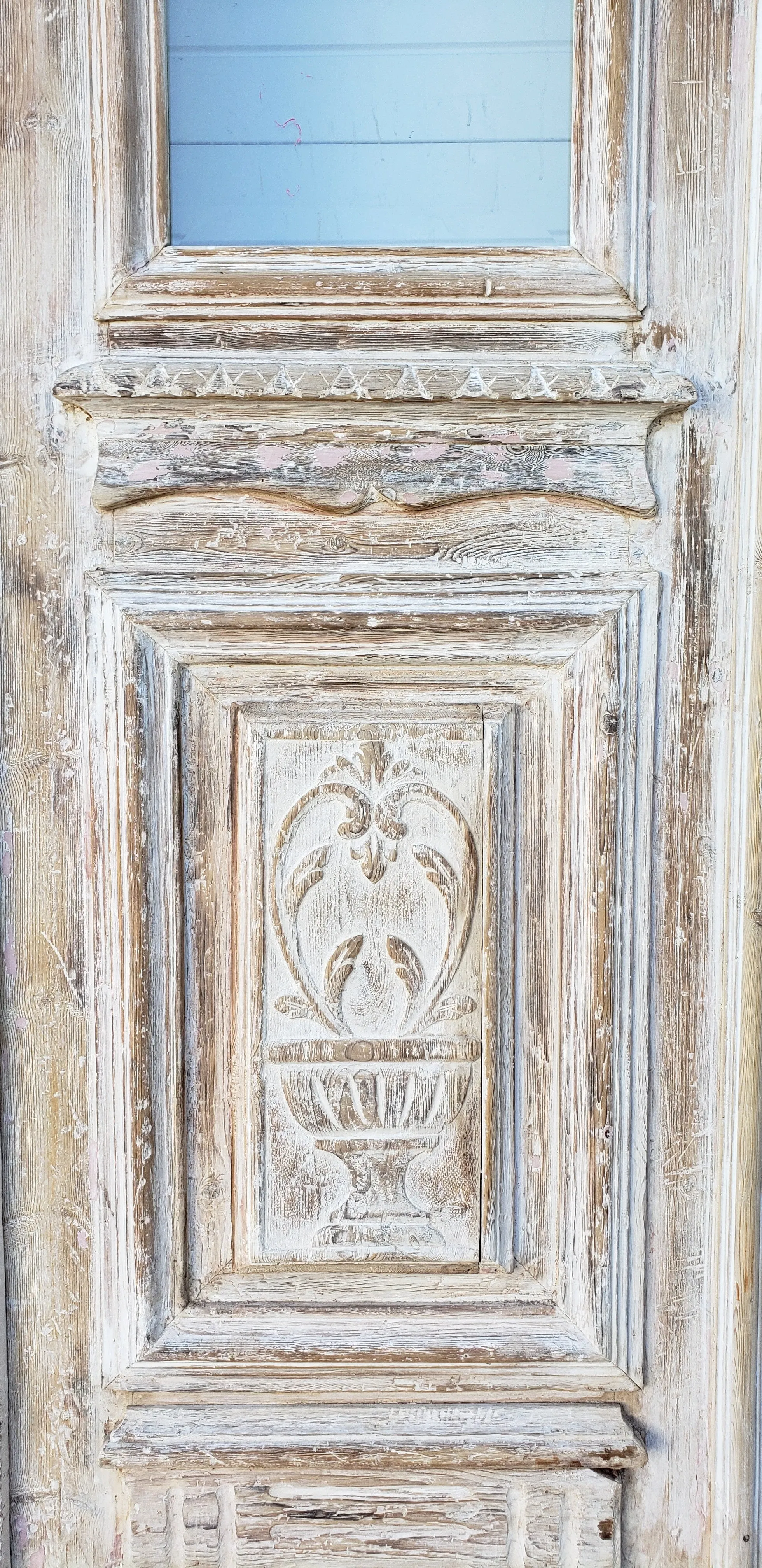 Pair of Washed Antique Wood Single Lite French Carved Doors with Transom Window