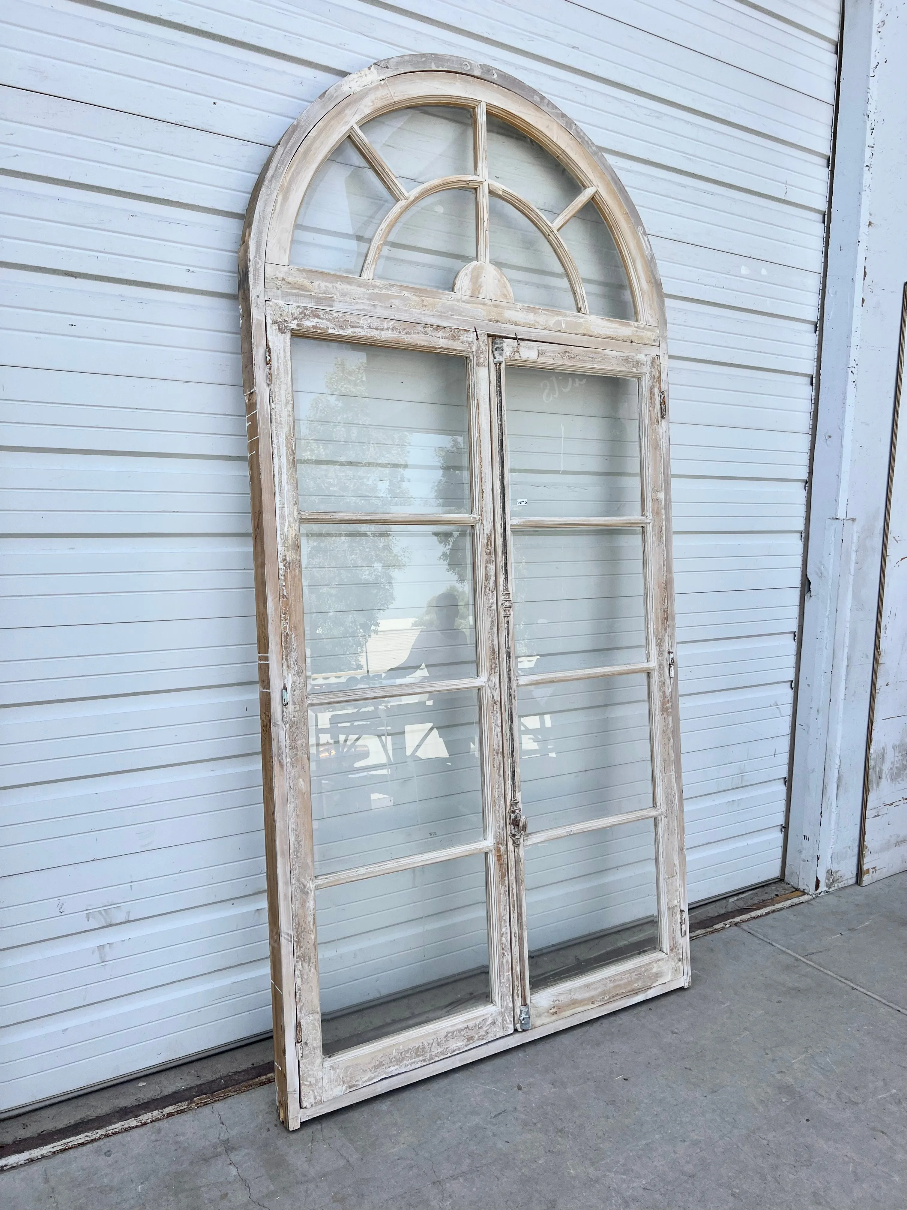 Pair of Washed Doors/Windows with w/8 Lites and Arched Transom