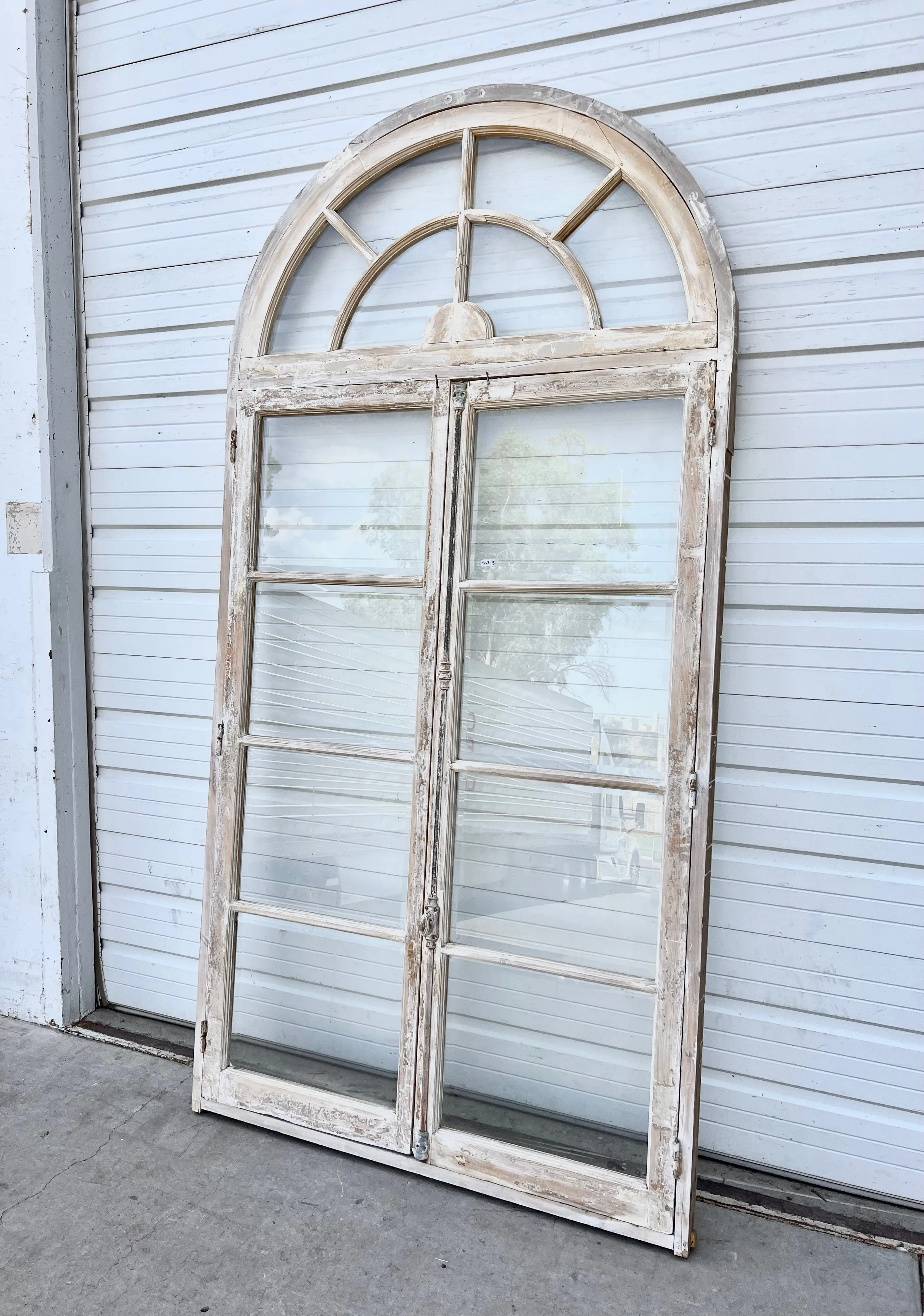 Pair of Washed Doors/Windows with w/8 Lites and Arched Transom