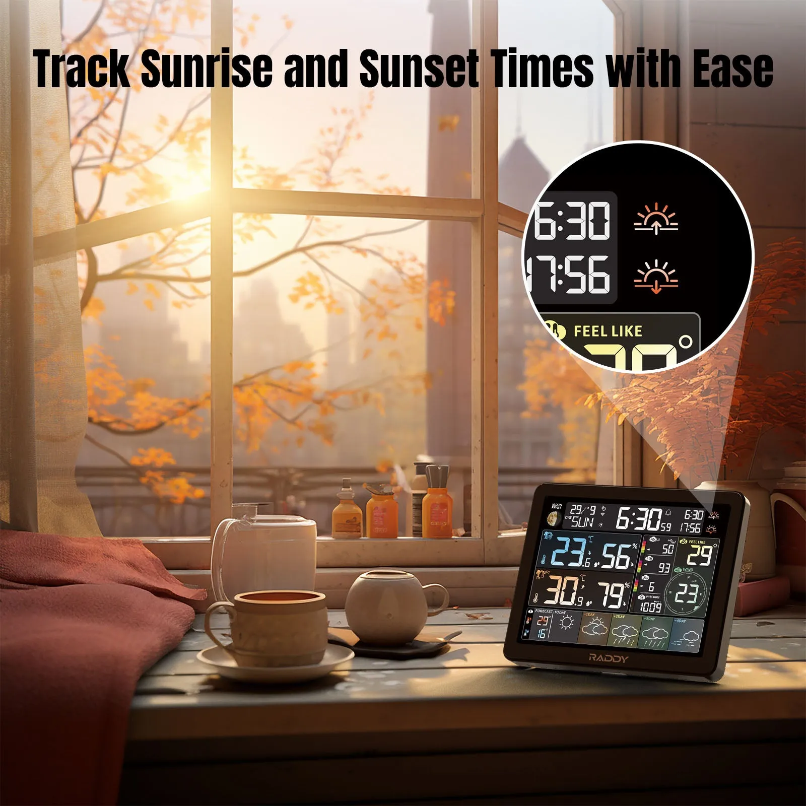 Raddy N80 Smart Wi-Fi Weather Station |  APP Control |  8”Large Display |  Sunset/Sunrise Time | PM2.5/AQI/UV Index | Customized Alarm Clocks