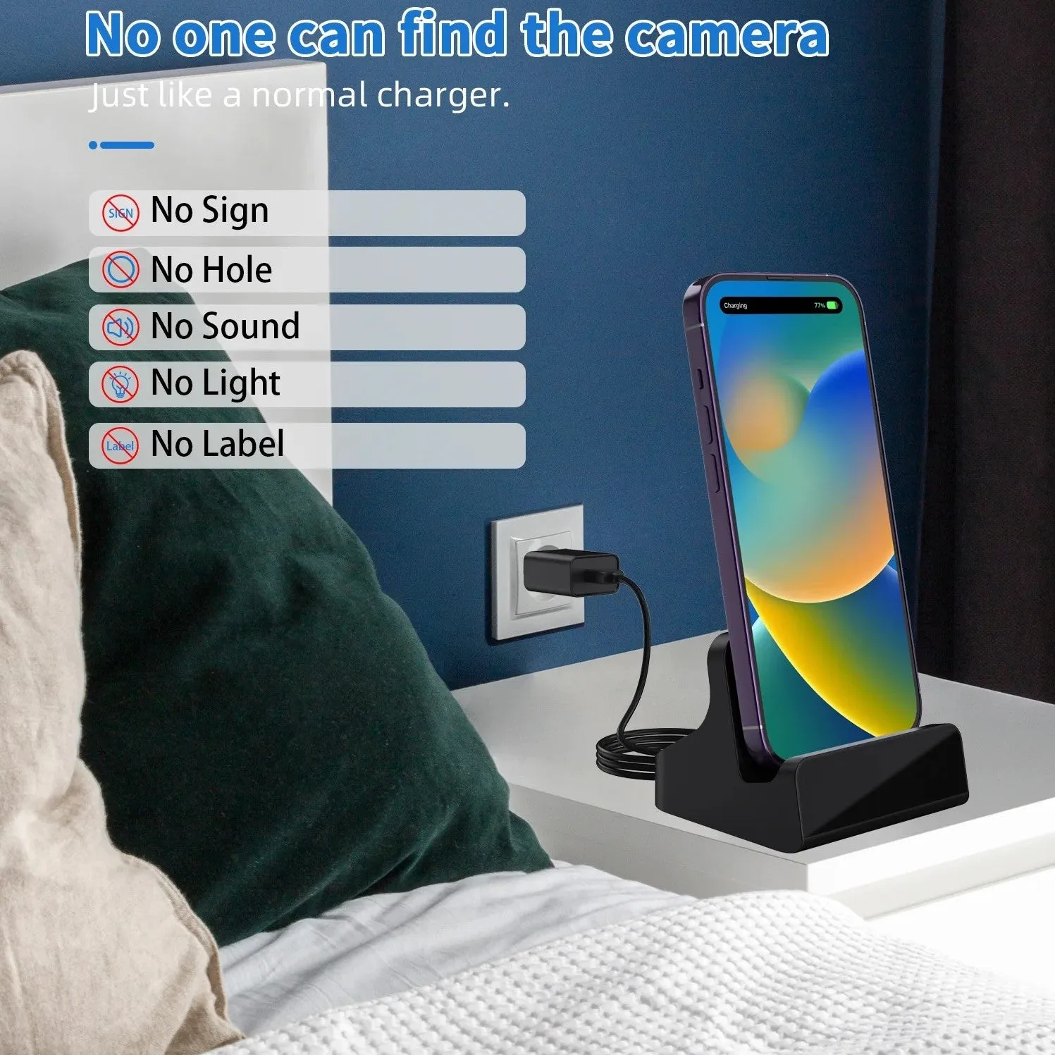 SpyWfi iPhone Charger Hidden Motion Detection Night Vision Spy Camera 2K HD WiFi