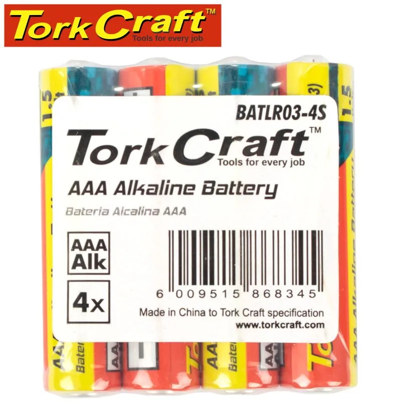 TORK CRAFT BATTERY AAA 1.5V X4 PACK LR03 4S SHRINK WRAP ALKALINE (MOQ 30) BATLR03-4S