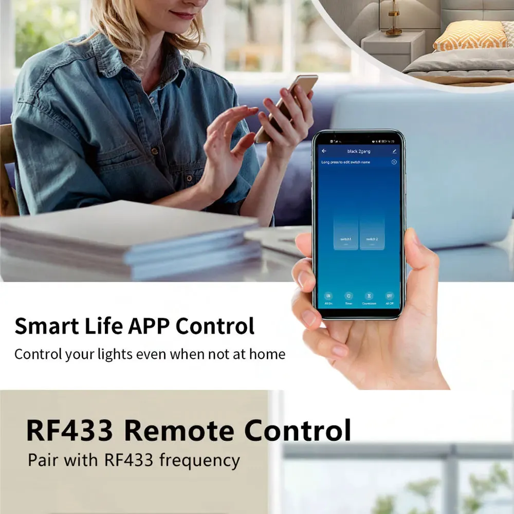 Tuya US WiFi Smart Wall Switch RF433 1/2/3/4 Gang No Neutral Wire Touch Sensor LED Light Switches Smart Home Alexa Google Home
