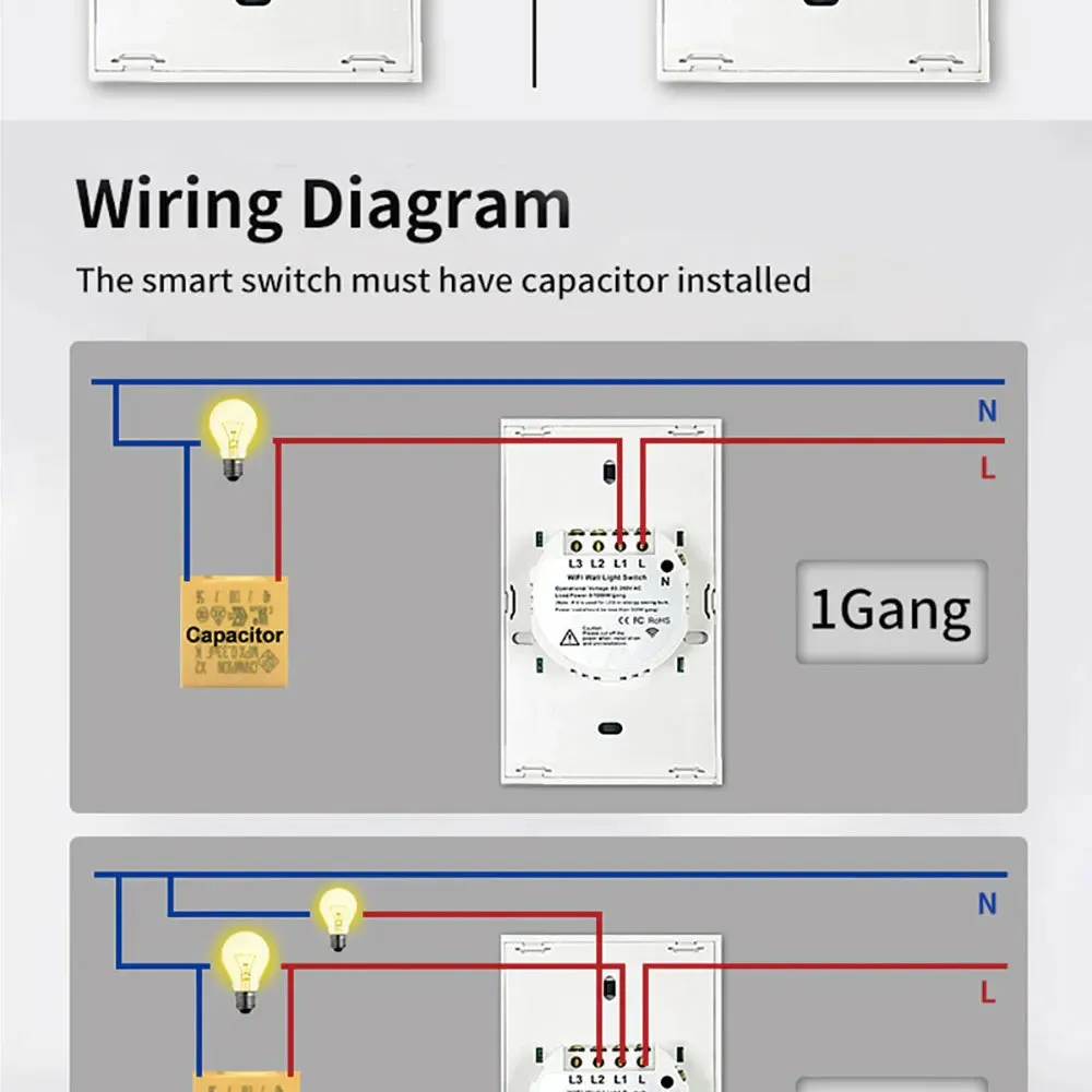 Tuya US WiFi Smart Wall Switch RF433 1/2/3/4 Gang No Neutral Wire Touch Sensor LED Light Switches Smart Home Alexa Google Home